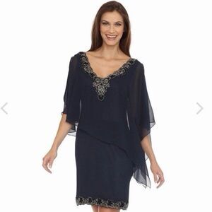 J Kara NWT Navy Blue Beaded Chiffon Capelet Dress Women 14 Knee Length Cocktail